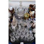 Assorted cut glass, crystal and other drinking glassware including decanters, jugs etc Condition