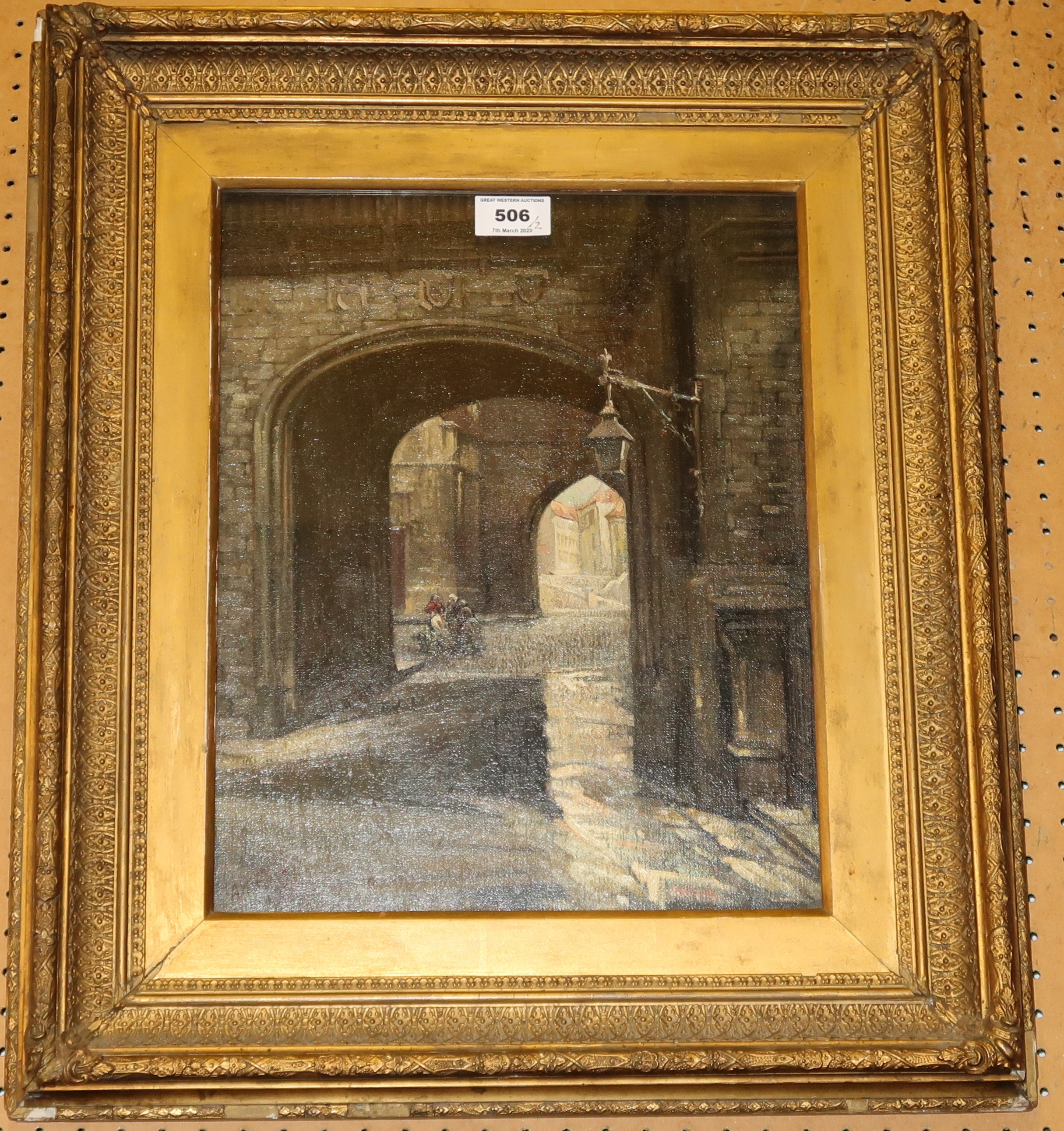 A.J.DE BRIE Gateway Carcassone, signed, oil on board, dated, 1926, 40 x 30cm and another (2)