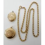 A 9ct rope chain length 46cm, and two 9ct back & front lockets, combined weight 12.2gms Condition