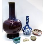 A sang de boeuf lavender glaze bottle vase, a prunus bottle vase, two jadeite items and two other