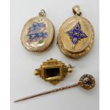 Two yellow metal enamelled lockets, a brooch and a sapphire and pearl set 18ct gold topped pin,
