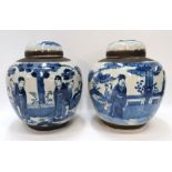 A pair of blue and white ginger jars decorated with figures Condition Report: Available upon