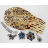 A Spanish style large hair comb, a silver pendant set with chrysocolla costume jewellery brooches