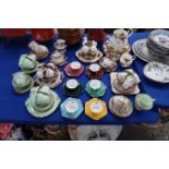 Assorted teawares including Royal Stafford, six Royal Stuart trios, green painted Paragon etc