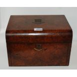 A Victorian rosewood travelling toilet box, lacking contents with fall flap and two enclosed drawers