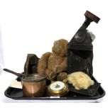 A tray lot including Merrythought monkey, (worn), lantern, copper pot etc Condition Report: