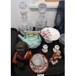 A Victorian majolica teapot, a reproduction money bank, two crystal decanters etc Condition
