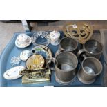 Four pewter tankards, brass kettle stand, ceramics etc Condition Report: Available upon request