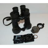 A pair of Barr & Stroud military binoculars in original case and two military compasses Condition