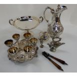 A tray lot of EP - hot water jug, comport, egg epergne Condition Report: Available upon request