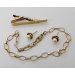 A 9ct gold tie clip, a 9ct bracelet and a pair of pearl earrings, combined weight 10.6gms