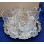 Three crystal golf trophies, another uncut and a silver plated tray Condition Report: Available upon