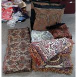 Two Paisley shawl cushions crewel work cover and assorted woven table covers etc Condition Report: