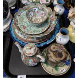 Assorted Canton plates and bowls, cloisonne vases, plate, pot and cover etc Condition Report: