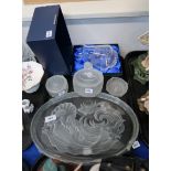 A frosted and clear glass dressing table set decorated with mermaids and a thistle etched vase