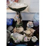 Assorted continental figural centrepieces etc Condition Report: chips to flowers on maidens shoe