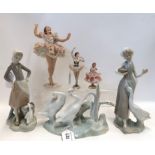 A Dresden ballerina two other similar figures, two Lladro girls and a goose group Condition