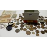 A collection of GB pre-decimal and pre'47 coins, foreign coins and banknotes, bracelet and a