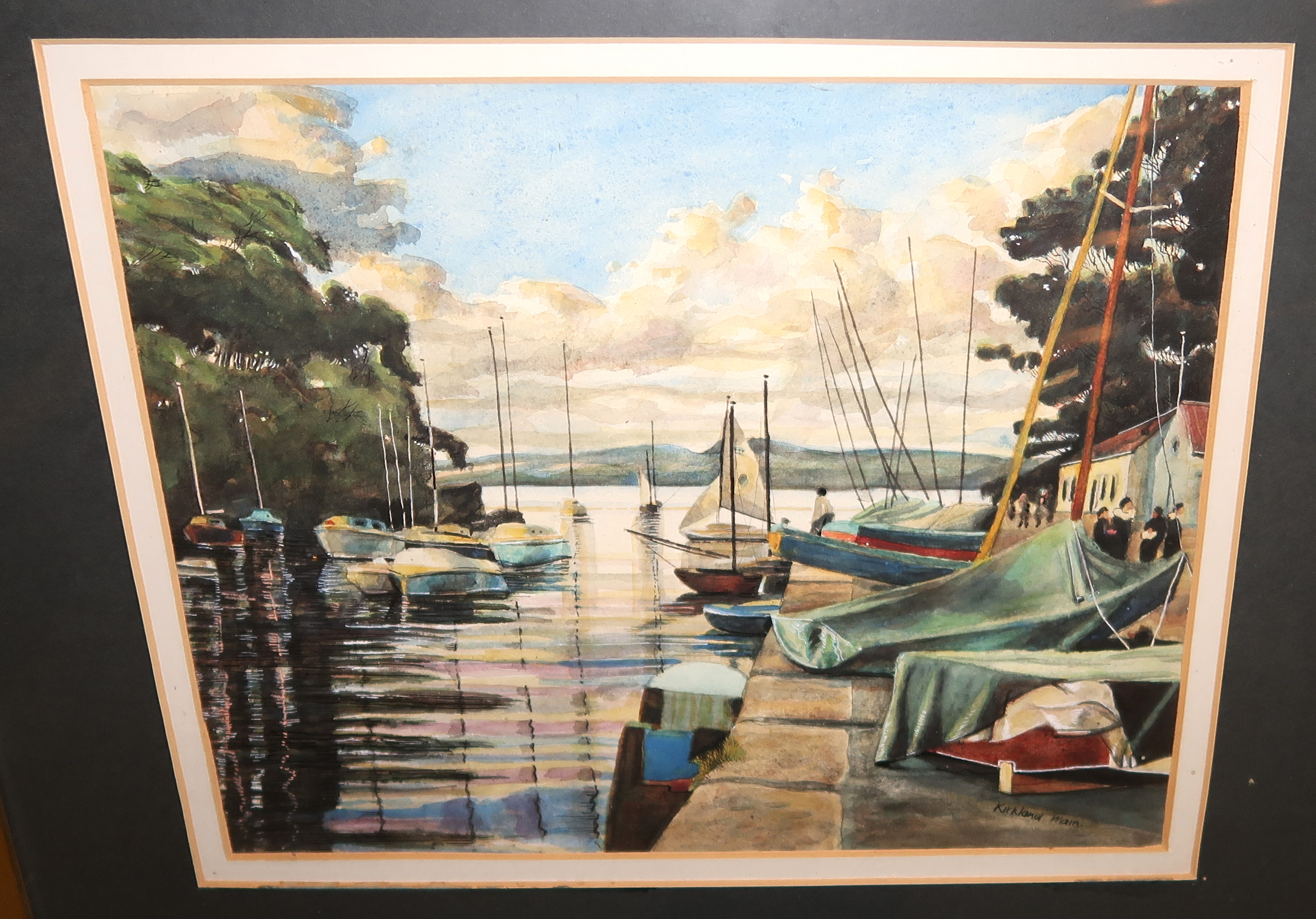 KIRKLAND MAIN Sailing boats at a jetty, signed, watercolour, 32 x 40cm and JOHN CASTER Naval warship