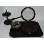 An Edwardian solitaire board, 28cm wide, various marbles, large magnifying glass etc Condition