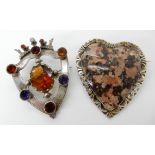 A white metal Scottish pink granite heart shaped brooch, together with a white metal luckenbooth