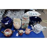 A Newhall teapot with painted floral decoration, a Copeland Spode jug and assorted other ceramics