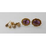 A pair of 9ct gold amethyst set earrings and two further pairs of 9ct earrings, total weight
