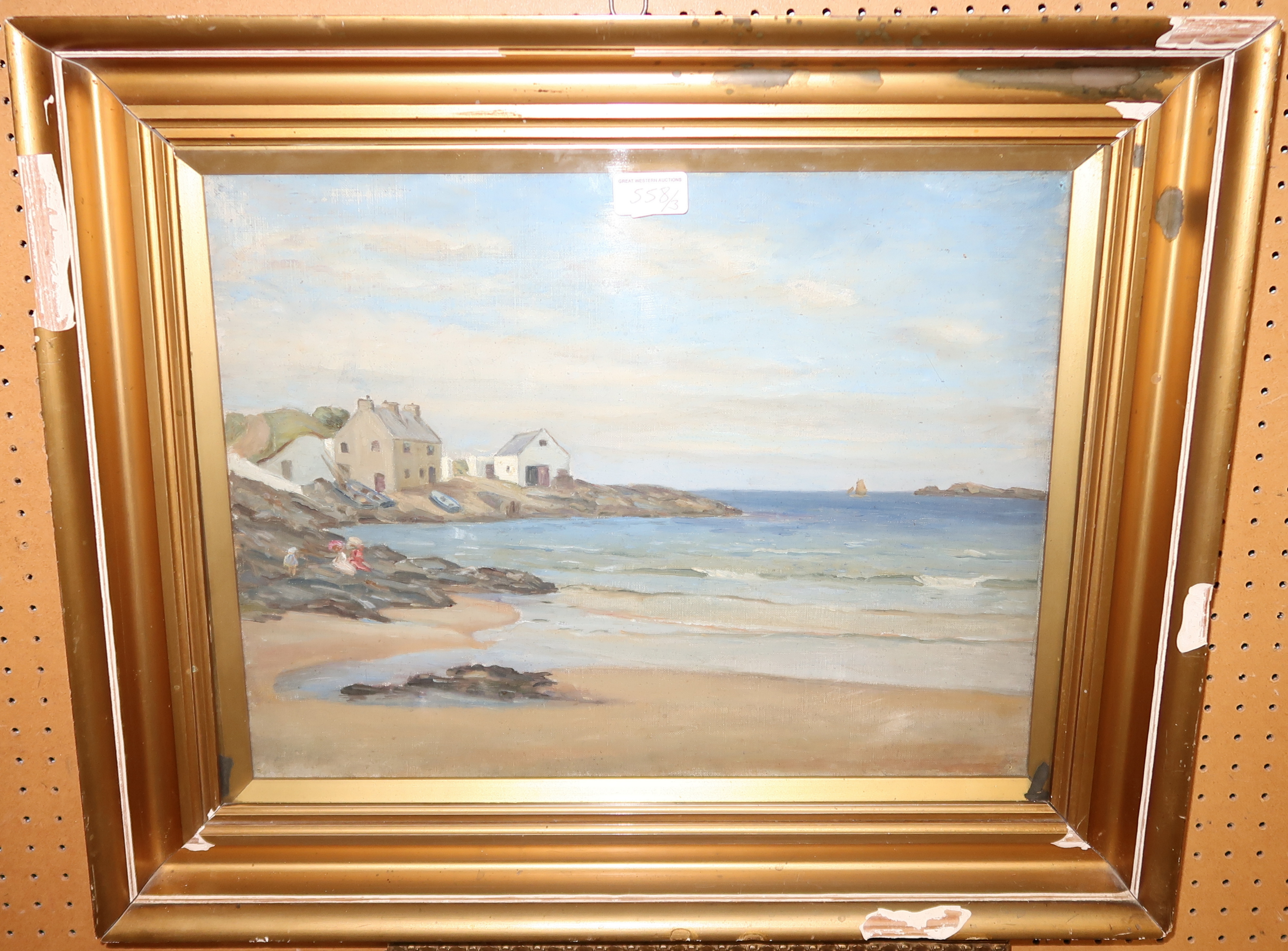 DAVID RINTOUL Seascape, signed, watercolour, 35 x 52cm, SCOTTISH SCHOOL Houses on the coast, oil - Image 2 of 3