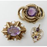 Two yellow metal amethyst set brooches and a pendant, weight 20.5gms Condition Report: Available
