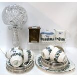 A cut glass lamp, a brass Arts and Crafts tea caddy and a Royal Doulton Espirit teaset Condition