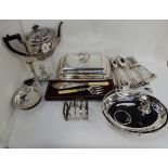 A tray lot of EP - teapot, entree dish, loose cutlery etc and a silver toast rack Condition