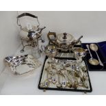 A lot comprising an EP spirit kettle, tea service, collector's spoons etc Condition Report: