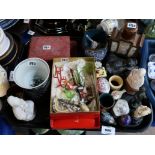Assorted Asian items including a tea caddy, ivory smiling Buddha, miniature pottery buildings etc