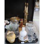 Assorted ceramics and glass ware and assorted brass ware including pair of candlesticks etc