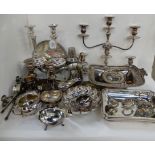 A lot comprising two tray lots of EP - candlesticks, tankards, dishes, dish cross etc Condition