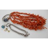 A string of coral beads, silver bracelet, ring etc Condition Report: Not available for this lot