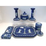 A Wedgwood dark blue jasper ware dressing table set Condition Report: Available upon request