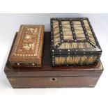 A Victorian mahogany and brass bound writing slope, 35cm wide, porcupine box and another box