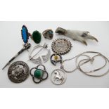 A Shetland silver pony pendant, John Hart green agate brooch , Robert Allison brooch and other items