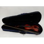 A one piece back violin 30cm with a bow 72cm (missing screw) and a case Condition Report: