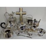 A tray lot of EP - tea service, hot water jug, sugar basket, cross etc Condition Report: Available