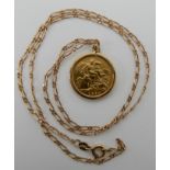 An 1894 gold half sovereign in 9ct pendant mount with chain, combined weight 8.2gms Condition