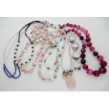 A string of facet cut dyed pink agate beads, a rose quartz pendant pearls and other items