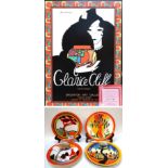 Six Wedgwood Clarice Cliff plates, two napkin rings, together with a First Lady of Art Deco