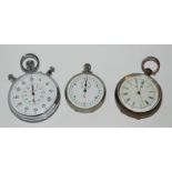 A white-metal Omega stopwatch, another stopwatch and silver cased pocket watch Condition Report: