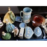 Two Royal Doulton figures, a snowman and piano figure, Royal Worcester grandmother's dress, Wedgwood