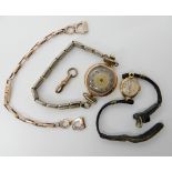 Two 9ct gold cased ladies watches and a vintage 9ct gold watch strap and lobster claw clasp,