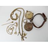 A 9ct cased watch, 9ct charms, a 9ct pearl set chain, a locket and other items Condition Report: