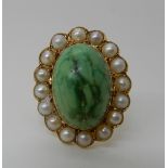 An 18ct gold turquoise and pearl cluster ring head size 2.7cm x 2.2cm, finger size N1/2, weight 9.