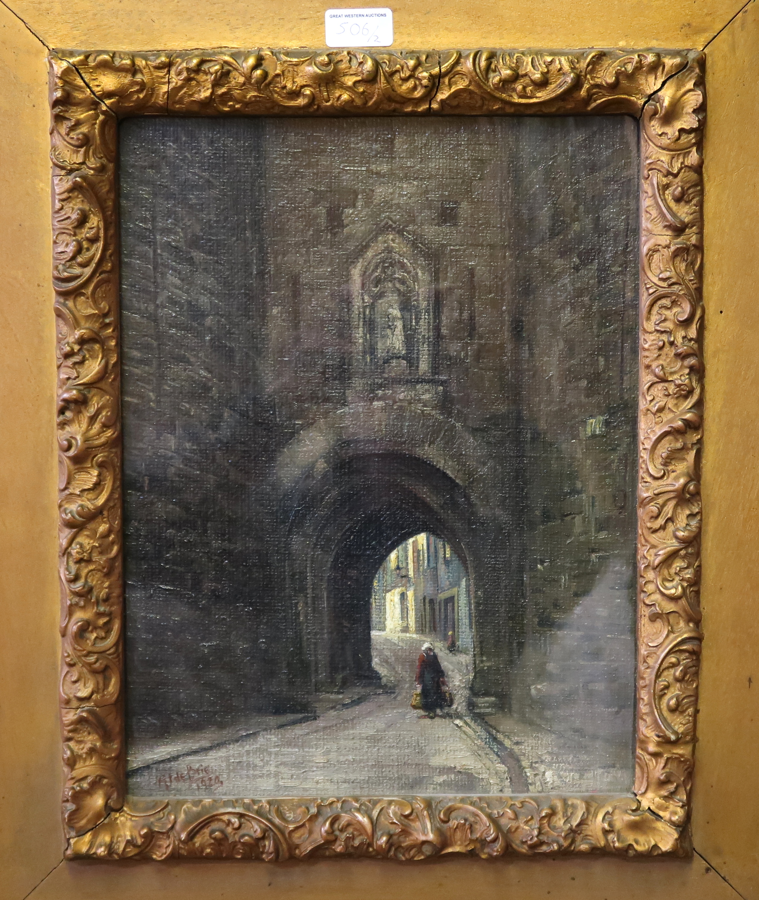 A.J.DE BRIE Gateway Carcassone, signed, oil on board, dated, 1926, 40 x 30cm and another (2) - Image 2 of 2